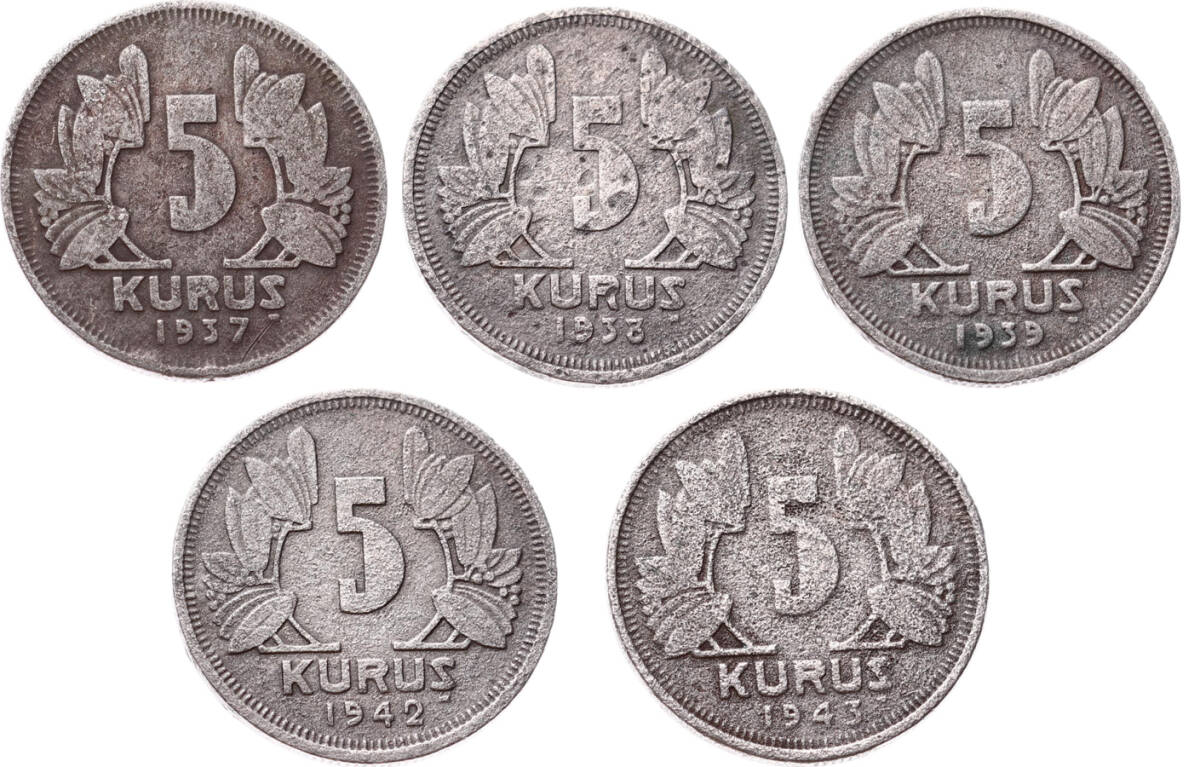 1937/38/39/42/43 Yılları 5 Kuruş Lotu (5 Adet) TCM3347 - 1