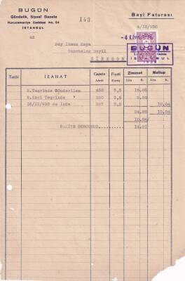 1938 Bugün Gündelik Siyasi Gazeteden İhsan Kaya Gazete Bayiine Antetli Fatura EFM(N)8227 - 1