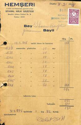 1938 Hemşeri Siyasi Halk Gazetesi - İhsan Kaya Giresun Antetli Islak İmzalı Damga Pullu Fatura EFM(N)12062 - 1