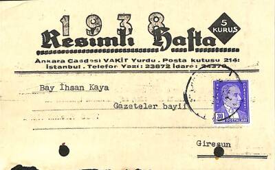 1938 RESİMLİ HAFTA Sipariş Bildiri Kartı Damga Pullu 14 Aralık 1938 EFM(N)10887 - 1