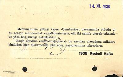 1938 RESİMLİ HAFTA Sipariş Bildiri Kartı Damga Pullu 14 Aralık 1938 EFM(N)10887 - 2