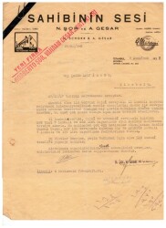 1938 Sahibinin Sesi -N.Şor ve A. Islak İmzalı Mektup EFM945 - Gökçekoleksiyon