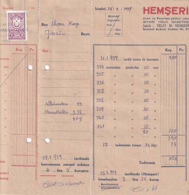 1939 Kırmızı-Beyaz Spor Gazetesi Hemşeri Halk Gazetesi Pullu Faturaları EFM(N)8234 - 1