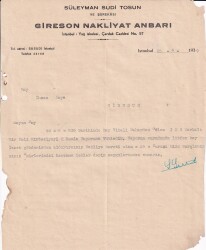 1939 Süleyman Sudi Tosun Gireson(Giresun) Nakliyat Ambarı İmzalı İş Yeri Yazışması EFM(N)8216 - Gökçekoleksiyon