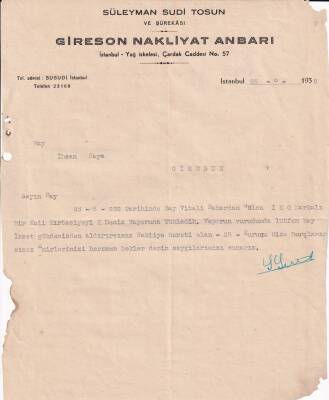 1939 Süleyman Sudi Tosun Gireson(Giresun) Nakliyat Ambarı İmzalı İş Yeri Yazışması EFM(N)8216 - 1