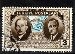1939 Türkiye ABD İstiklalinin 150. Yılı Pulu - 3 Kuruş İnönü & Roosevelt Damgalı PPT3214 - 