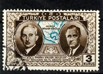 1939 Türkiye ABD İstiklalinin 150. Yılı Pulu - 3 Kuruş İnönü & Roosevelt Damgalı PPT3214 - 1