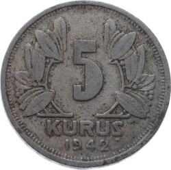 1942 5 Kuruş Temiz TCM3048 - Gökçekoleksiyon