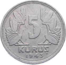 1943 Yılı 5 Kuruş ÇT TCM3116 - Gökçekoleksiyon