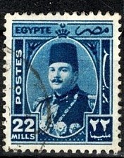 1944 Mısır Krallığı Kral Faruk Askeri Üniformalı Posta Pulu - 22 Milliemes Lacivert (Damgalı) PPT3233 - 