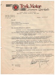 1949 Türk Motor Anonim Şirketi Antetli İmzalı Mektup EFM(N)957 - Gökçekoleksiyon