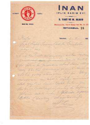 1950 İnan İplik Sarım Evi Antetli Islak İmzalı Mektup EFM(N)961 - 2