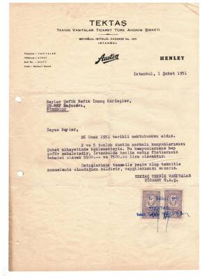1951Tektaş Teknik Vasıtalar Türk A.Ş Antetli slak İmzalı Mektup EFM(N)961 - 1
