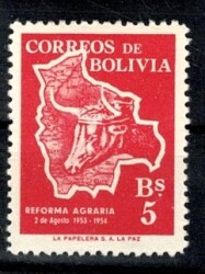 1954 Bolivya Tarım Reformu 1. Yıl Dönümü Posta Pulu - Boğa ve Harita Görselli Bs. 5 Kırmızı (Damgasız/MNH) PPT3261 - 