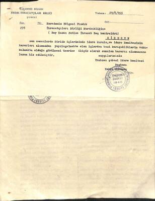 1955 Karadeniz Bölgesi Fındık İhracatçıları Birliği Şubesi - Hakkı Küreman İmzalı Ve Damgalı Antetli İş Yazışması EFM(N)12028 - 1