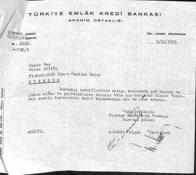 1955 Türkiye Emlak Kredi Bankası Anonim Ortaklığı - Hasan Sütlaç Antetli Islak İmzalı EFM(N)12086 - 1