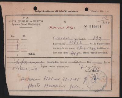 1955 Yılı Radyo Bataryalı Filips Radyo Ücretleri Makbuzu EFM504 - 1