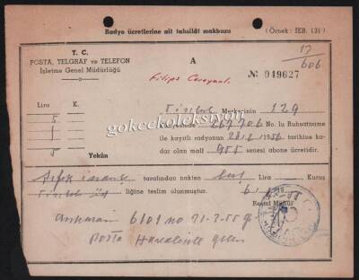 1955 Yılı Radyo Filips Cereyanlı Radyo Ücretleri Makbuzu EFM567 - 1