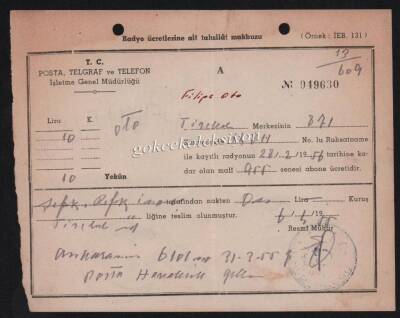1955 Yılı Radyo filips Oto Radyo Ücretleri Makbuzu EFM505 - 1