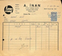 1956 Castrol A. İnan Türk Petrol Bayi - İsmail Erol Antetli Islak İmzalı Damga Pullu Fatura EFM(N)12225 - Gökçekoleksiyon