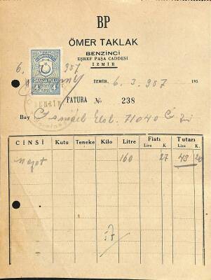 1957 BP Ömer Taklak Benzinci Antetli Islak İmzalı Damga Pullu Fatura EFM(N)12230 - 1