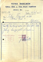 1957 Yetke İrdelmen Toplu İğne Ve Traş Bıçağı Fabrikası - İrfan Kaymak Antetli Islak İmzalı Damga Pullu Fatura EFM(N)12069 - Gökçekoleksiyon