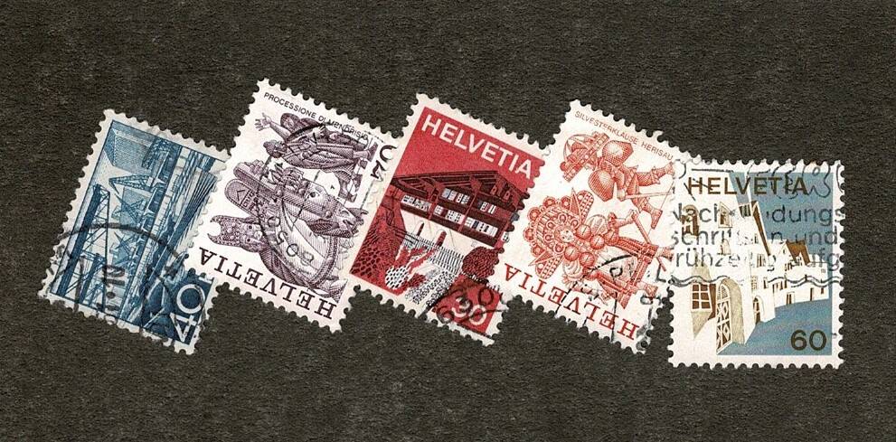 1960-1977 İsviçre (Helvetia) Geleneksel Mimari ve Folklor Temalı Damgalı Karma Pul Lotu - Özel Kartelasında PPT3298 - 1