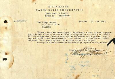 1960 Fındık Tarım Satış Kooperatifi - Hasan Sütlaç Antetli Islak İmzalı EFM(N)12087 - 1