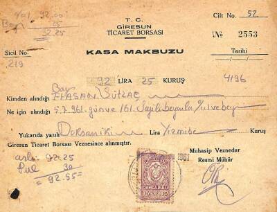 1961 Yılı Damga Pullu Giresun Ticaret Borsası Kasa Makbuzu EFM(N)9994 - 2