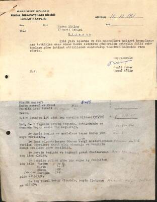 1961 Yılı Fındık İhracatçıları Birliği Hasan Sütlaç Masraf Evrağı EFM(N)9978 - 1