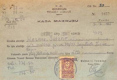 1961 Yılı Hasan Sütlaç Kasa Makbuzu Damga Pullu EFM(N)9990 - 2