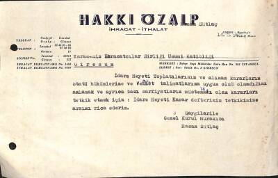 1962 Yılı Hakkı Özalp Karadeniz İhracatçılar Birliği Belgesi - Hasan Sütlaç EFM(N)10002 - 2