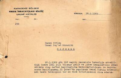 1962 Yılı Karadeniz Bölgesi Fındık İhracatçıları Birliği Kemal Peker İmzalı Fatura EFM(N)9998 - 2