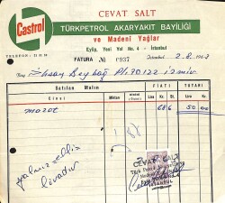 1963 Castrol Cevat Salt Türkpetrol Akaryakıt Bayiliği Ve Madeni Yağlar Antetli Islak İmzalı Damga Pullu Fatura EFM(N)12228 - Gökçekoleksiyon