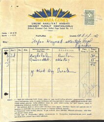 1963 Marmara Güneş Umumi Nakliyat Anbarı Mehmet Turgut Kestanlıoğlu - İrfan Kaymak Antetli Islak İmzalı Damga Pullu Fatura EFM(N)12072 - Gökçekoleksiyon
