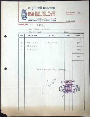 1963 M.ŞÜKRÜ KUNTER Antetli Damga Pullu Fatura EFM(N)11585 - 1