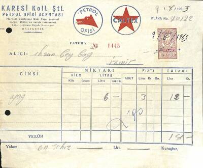 1963 Petrol Ofisi - Caltex Karesi Koll. Şti.Petrol Ofisi Acenteliği Antetli Islak İmzalı Damga Pullu Fatura EFM(N)12229 - 1