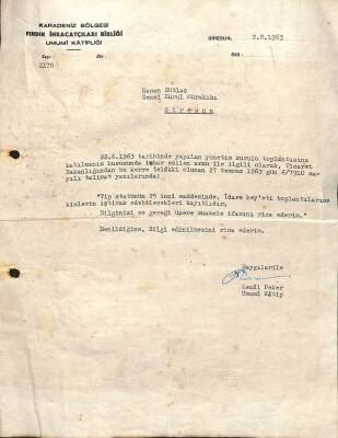 1963 Yılı Giresun Kemal Peker İmzalı Fındık Yazışmaları EFM(N)9974 - 1