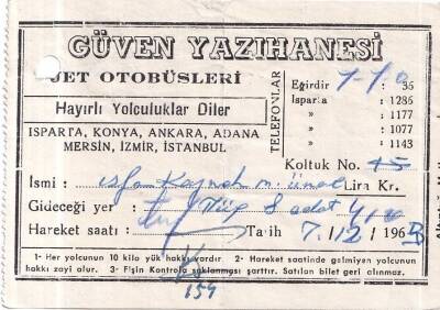 1963 Yılı Güven Yazıhanesi Jet Otobüsleri Eğridir Otobüs Yolcu Bileti.6 Kuruşluk Damga Pullu - 1