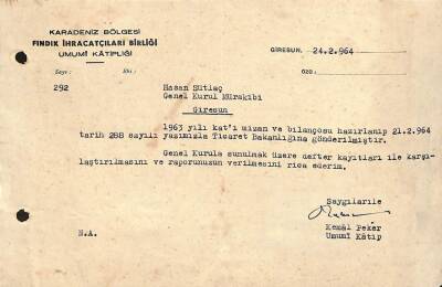 1964 Yılı Karadeniz Bölgesi Fındık İhracatçıları Birliği Kemal Pekerden Hasan Sütlaça Tebligat EFM(N)9999 - 1