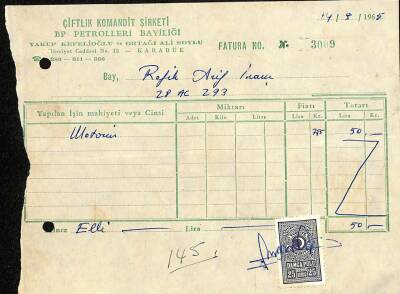 1965 Karabük BP Petrolleri Bayiliği Faturası EFM7493 - 1