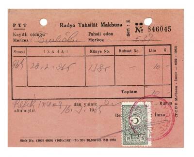 1965 Yılı Ptt Radyo Tahsilat Makbuzu EFM513 - 1