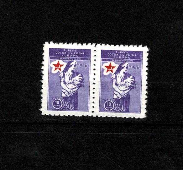 1966 Çocuk Esirgeme Kurumu 10 Kuruş Şefkat Pulu 2'li Yatay Çift - Damgasız (MNH) PPT2522 - 1