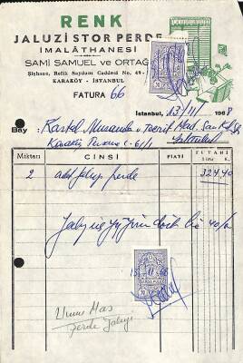 1968 RENK JALUZİSTOR SAMİ SAMUEL Antetli Damga Pullu Makbuz EFM(N)10957 - 1