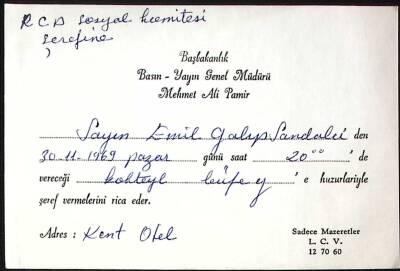 1969 Başbakanlık Basın Yayın Genel Müdürü Mehmet Ali Pamirden Emil Galip Sandalcı ya Davetiye EFM(N)11497 - 1
