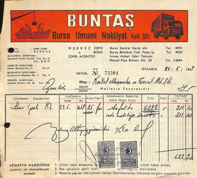 1969 Buntaş Bursa Umumi Nakliyat Koll Şti Antetli Damga Pullu Islak İmzalı Fatura EFM(N)12045 - 1