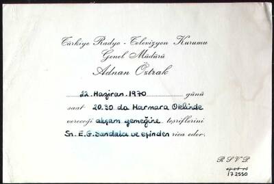 1970 TRT Genel Müdürü Adnan Öztrak Yemek Davetiyesi - Emil Galip Sandalcı ya EFM(N)11499 - 1