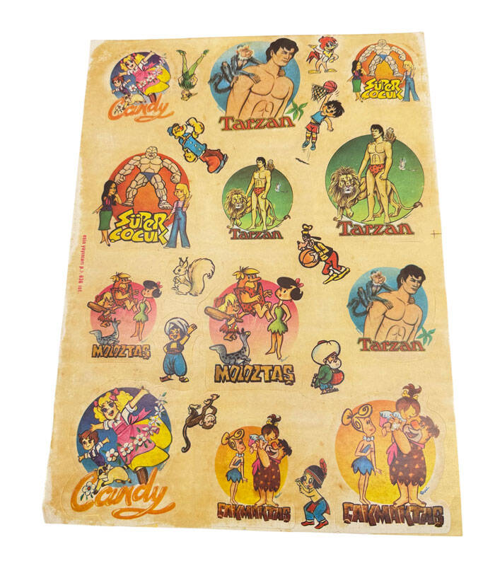 1970's Esin Yayınları Tarzan-Candy-Moloztaş-Çakmaktaş-Süper Çocuk Sticker Çıkartma Seti AOB5447 - 1