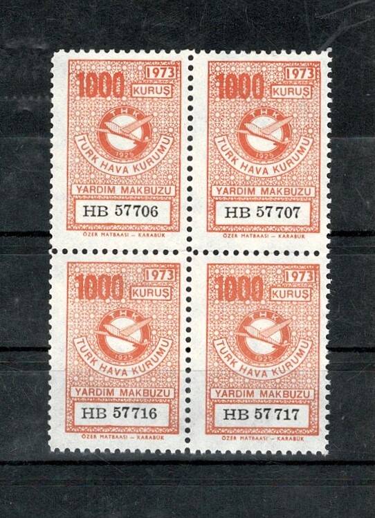 1973 Türk Hava Kurumu 1000 Kuruş Yardım Makbuzu Pulu - 4'lü Blok (MNH) PPT2487 - 1