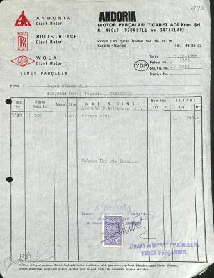 1977 Andoria Motor Parçaları Ticaret Adı Kom. Şti. Necati Özümutlu Ve Ortakları Antetli Islak İmzalı Damga Pullu Fatura EFM(N)12098 - 1